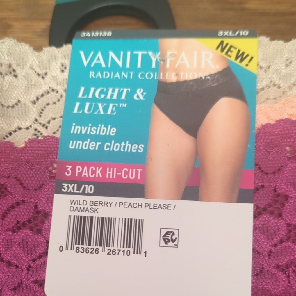 Women's 3X - Size 10 Vanity Fair 3 Colors Underwear 3pk New Plus Hi Cut Panties - Picture 2 of 8